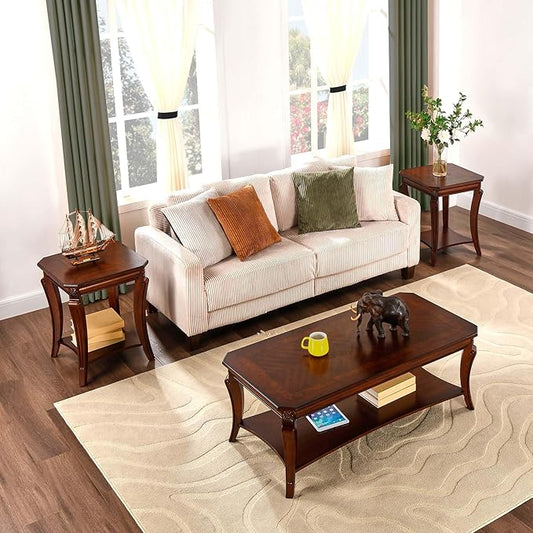 Traditional Distressed Farmhouse Style Coffee Table Set, 3-Piece Solid Wood by MIAUWUUFHOME