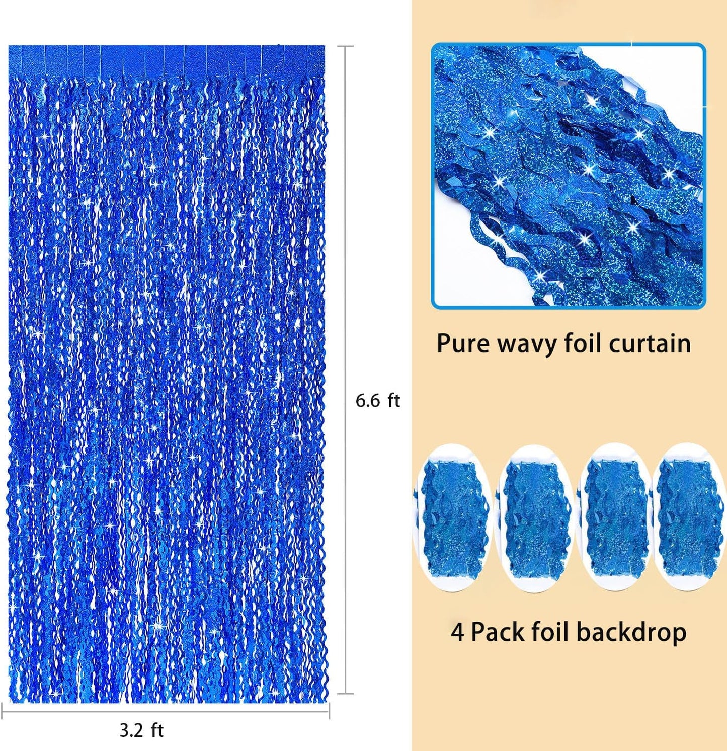 4 Pack Navy Blue Wavy Foil Fringe Curtains Party Decorations - 3.3 ft x 6.6 ft Streamer Tinsel Curtain Party Photo Backdrops for Birthday Party