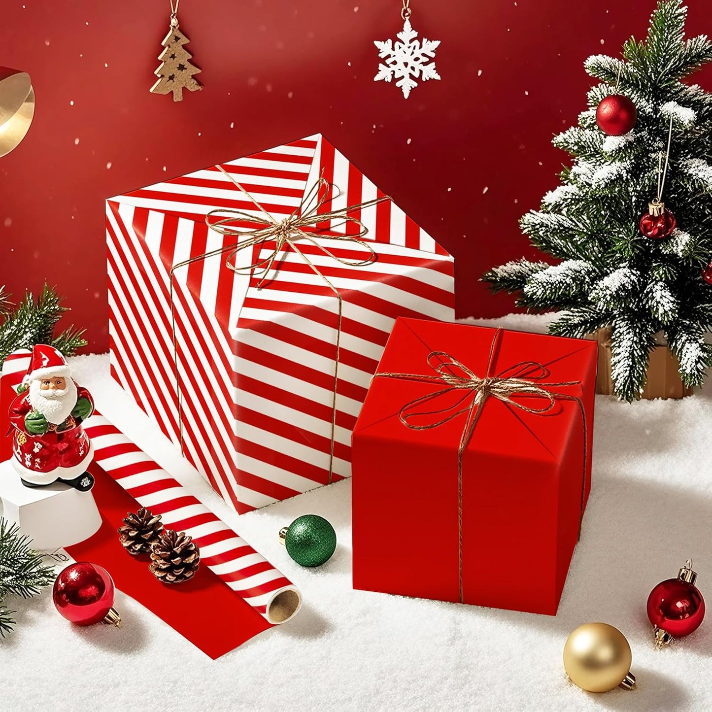 WRAPAHOLIC Reversible Wrapping Paper - Mini Roll - 17 Inch x 33 Feet - Red and Stripes Design for Christmas, Birthday, Holiday, Wedding, Baby Shower