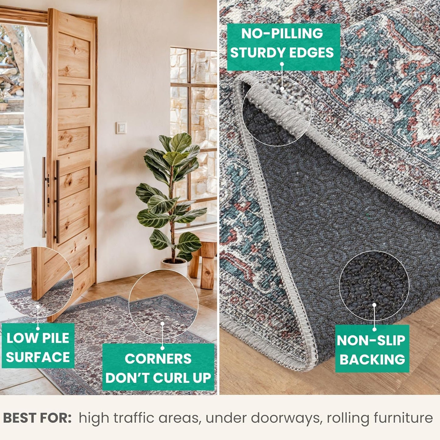 Bloom Rugs Washable Non-Slip 8' x 10' Rug - Teal/Blue/Beige Traditional Oriental Area Rug for Living Room, Bedroom, Dining Room, and Kitchen - Exact Size: 8' x 10'