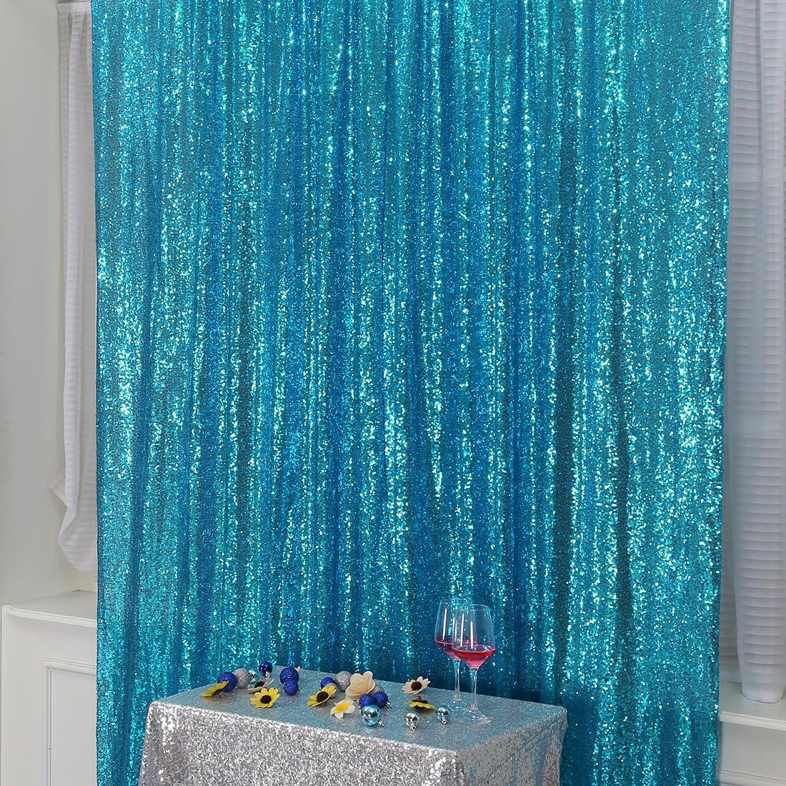 Poise3EHome 6FT x 8FT Turquoise Sequin Photography Backdrop Curtain for Party Decoration