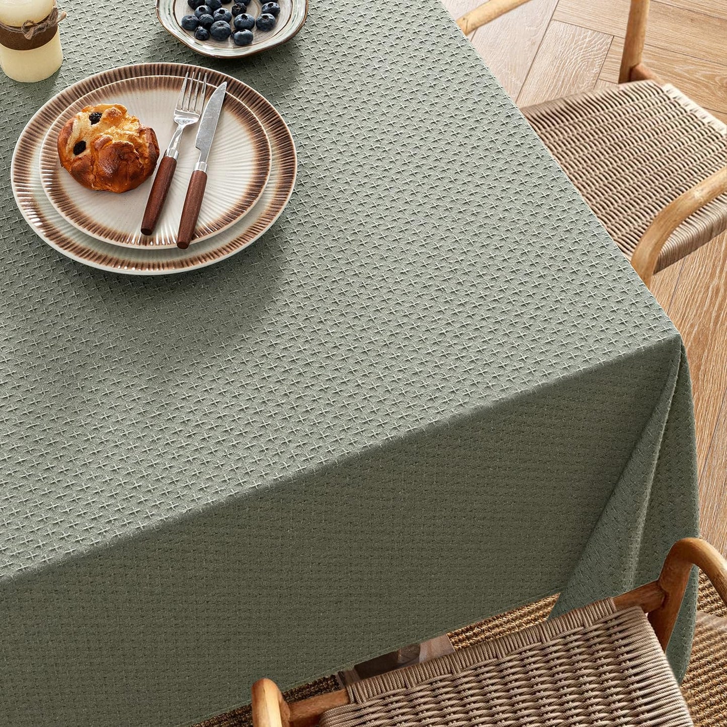 MIULEE Olive Green Linen Cottton Table Cloth Rectangle Tablecloth Waterproof Spillproof Cross-Star Textured Table Cltoth Decorative Farmhouse Style for Dining Party Weddings 52x70 Inch