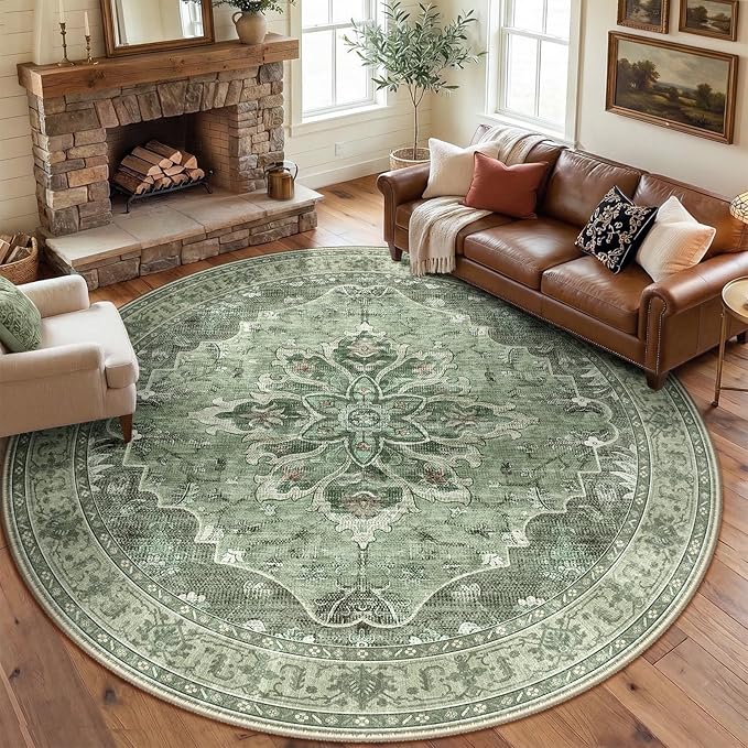 RELEANY Area Rugs Round 8ft Washable Non-Slip, Floral Vintage Distress Print by RELEANY