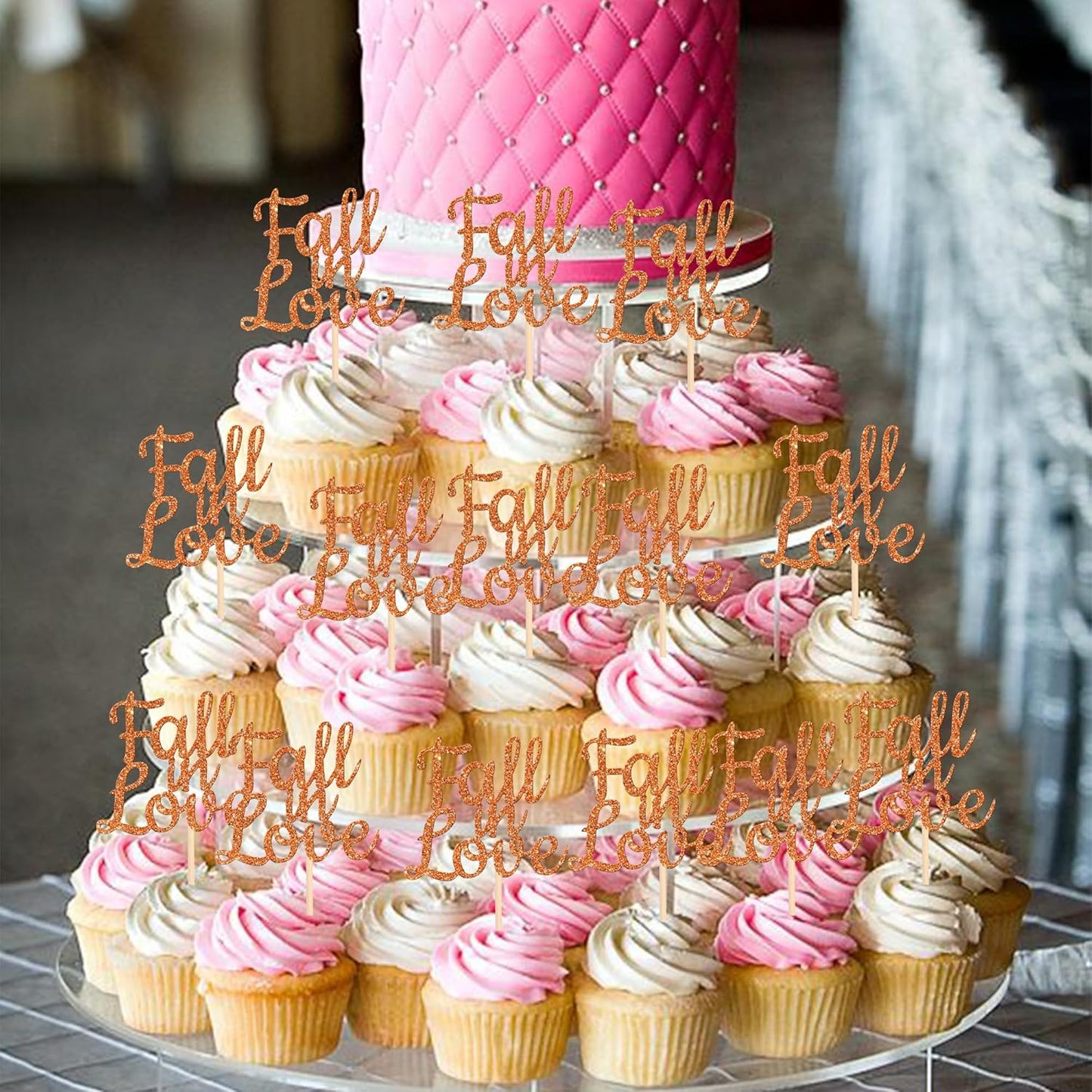 24 PCS Fall in Love Cupcake Toppers Glitter Fall Theme Bridal Shower Cupcake Picks for Autumn Wedding Engagement Anniversary Birthday Party Cake Decorations Supplies Orange