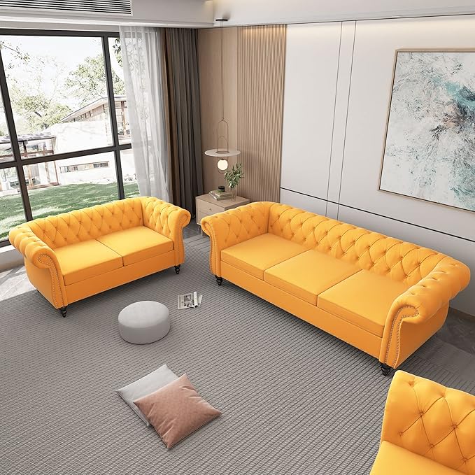 ORRD 2 Piece Living Room Set, Velvet Chesterfield Sofa Loveseat Couch - Image 8