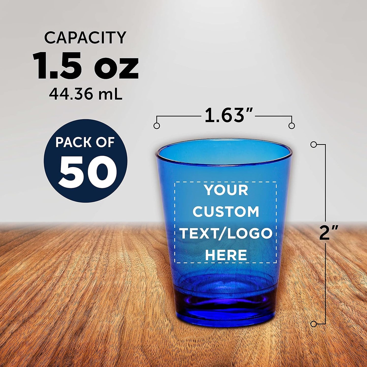 Custom Translucent Plastic Shot Glasses 1.5 oz. Set of 50, Personalized Bulk Pack - Acrylic, Great for Wedding, Party, Birthday, Gifts - Blue