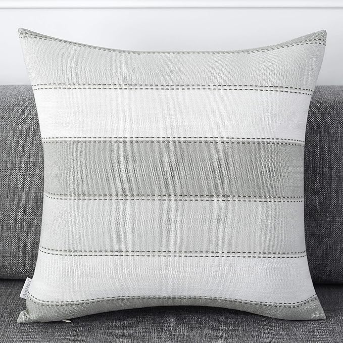 AmHoo Pack of 2 Farmhouse Stripe Check Throw Pillow Covers Set Case Cotton - Image 2