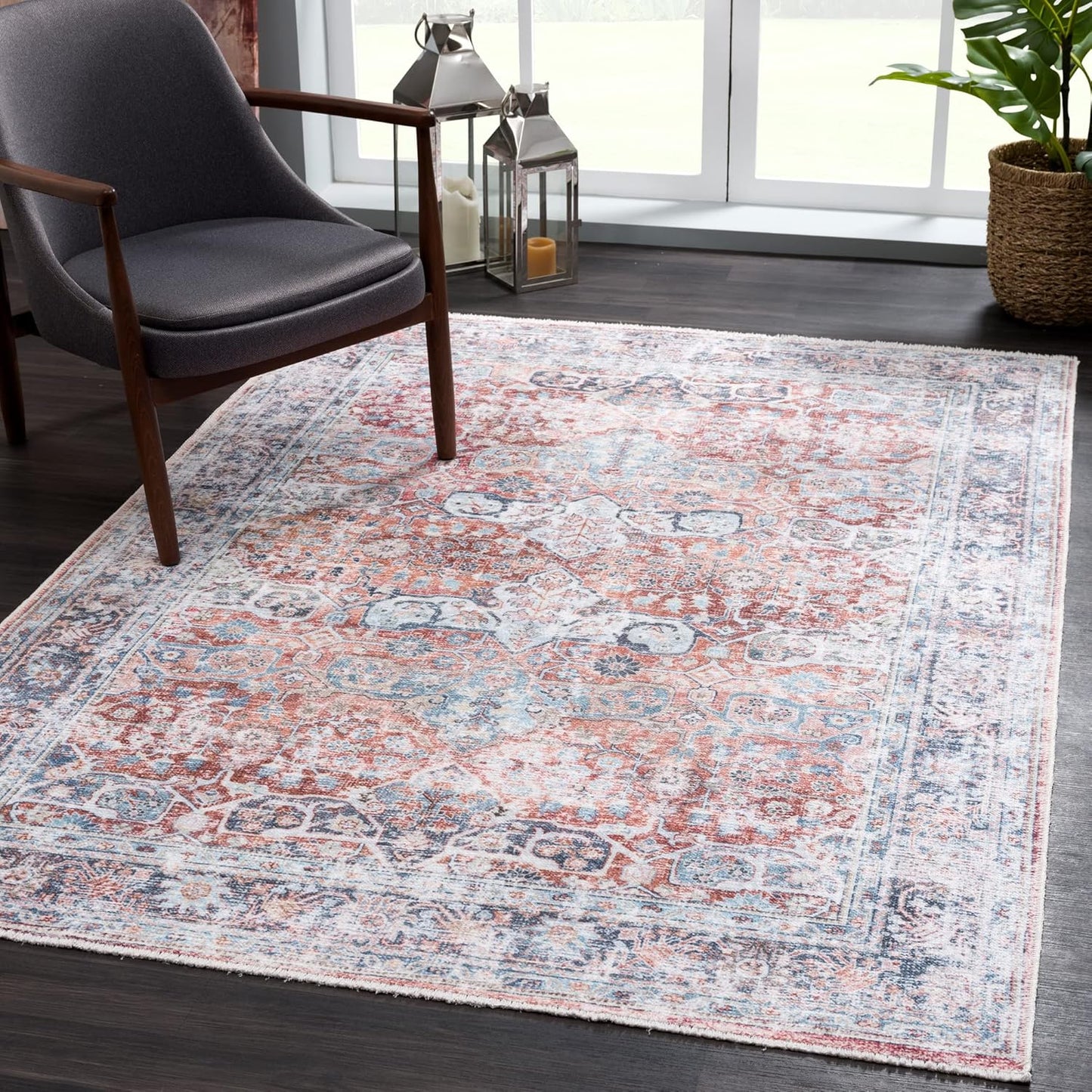 Bloom Rugs Caria Washable Non-Slip 5x7 Rug - Brick/Dark Blue Traditional Area Rug for Living Room, Bedroom, Dining Room, and Kitchen - Exact Size: 5' x 7'
