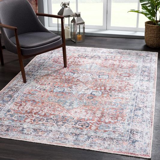 Bloom Rugs Caria Washable Non-Slip 9x12 Rug - Brick/Dark Blue Traditional Area Rug for Living Room, Bedroom, Dining Room, and Kitchen - Exact Size: 9' x 12'