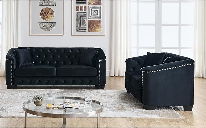 2 Piece Modern Chesterfield Velvet 77" 3-Seater+59" Loveseat Sofa Set, - Image 5
