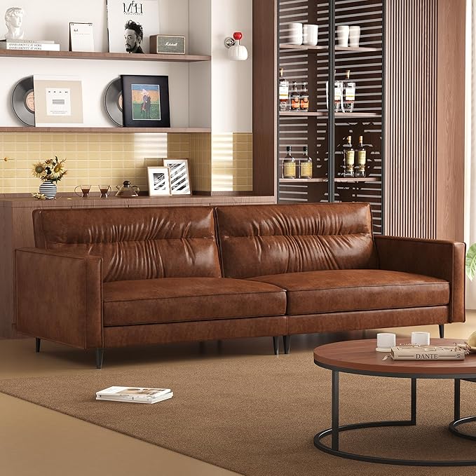 86.61" Mid-Century 3-Seater Brown Leather Sofa, Vintage Modern Couch by Unknown