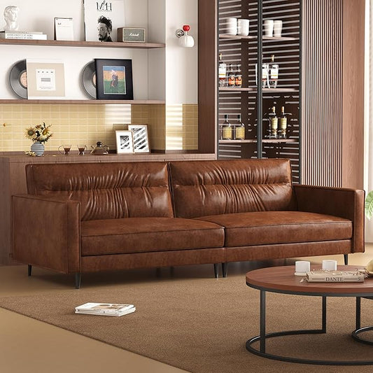 86.61" Mid-Century 3-Seater Brown Leather Sofa, Vintage Modern Couch by Unknown