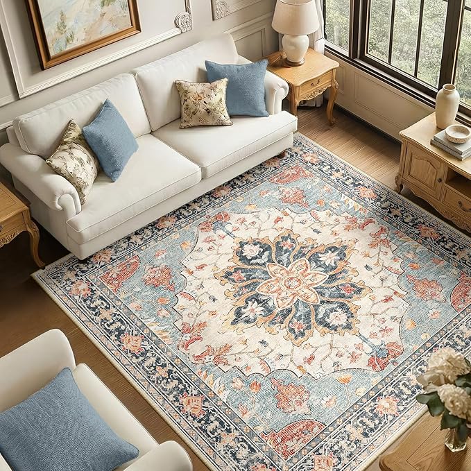 RELEANY Area Rugs Square 6ft Washable Non-Slip, Floral Vintage Distress Print by RELEANY