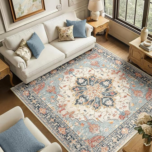 RELEANY Area Rugs Square 6ft Washable Non-Slip, Floral Vintage Distress Print by RELEANY