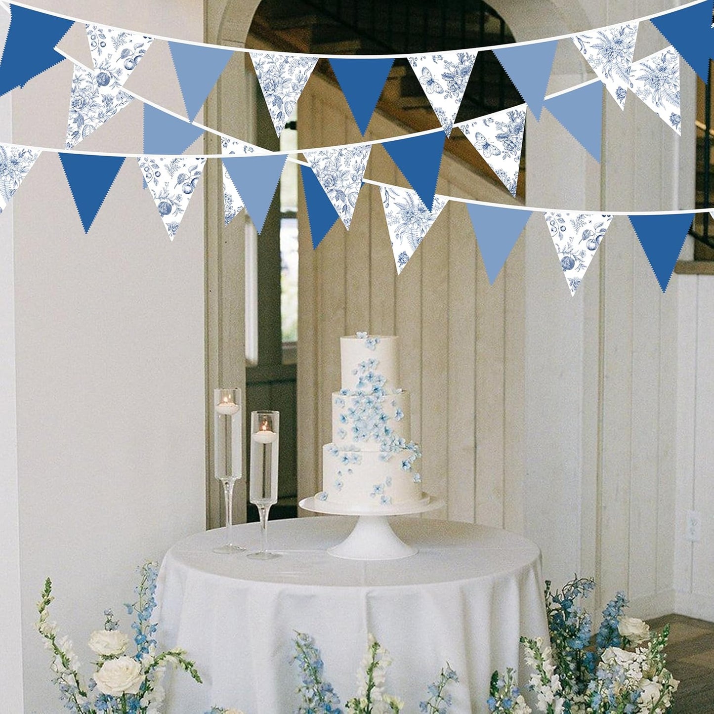 32Ft Blue Floral Party Decorations Vintage Blue White Flower Pennant Banner Fabric Triangle Flag Garland Streamers for Floral Wedding Porcelain Birthday Baby Bridal Shower Garden Tea Party Decor