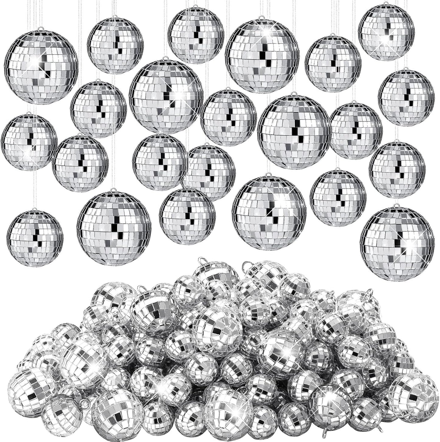 Funtery 100 Pcs Mirror Disco Balls Bulk Assorted Silver Hanging Disco Ball Decor for Home Wedding Birthday Dance Music 70 S Theme Party Christmas Tree Ornaments(1.2'', 2'')