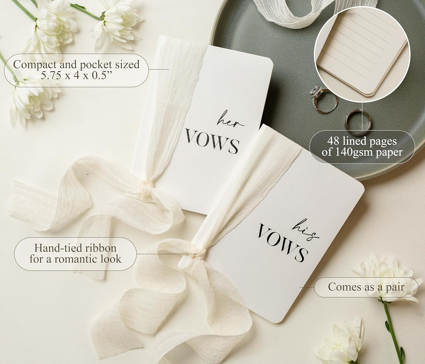 White Vow Books with Ribbons (Set of 2) - 5.625 x 4 Minimalist Pocket Sized Wedding Ceremony Vow Renewal Speech, Gift for Bride to Be & Newly Engaged Couple, 48 Lined Pages