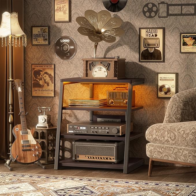 AV Media Stand with Outlets, Stereo Stands and Racks with Vinyl Storage - Image 2