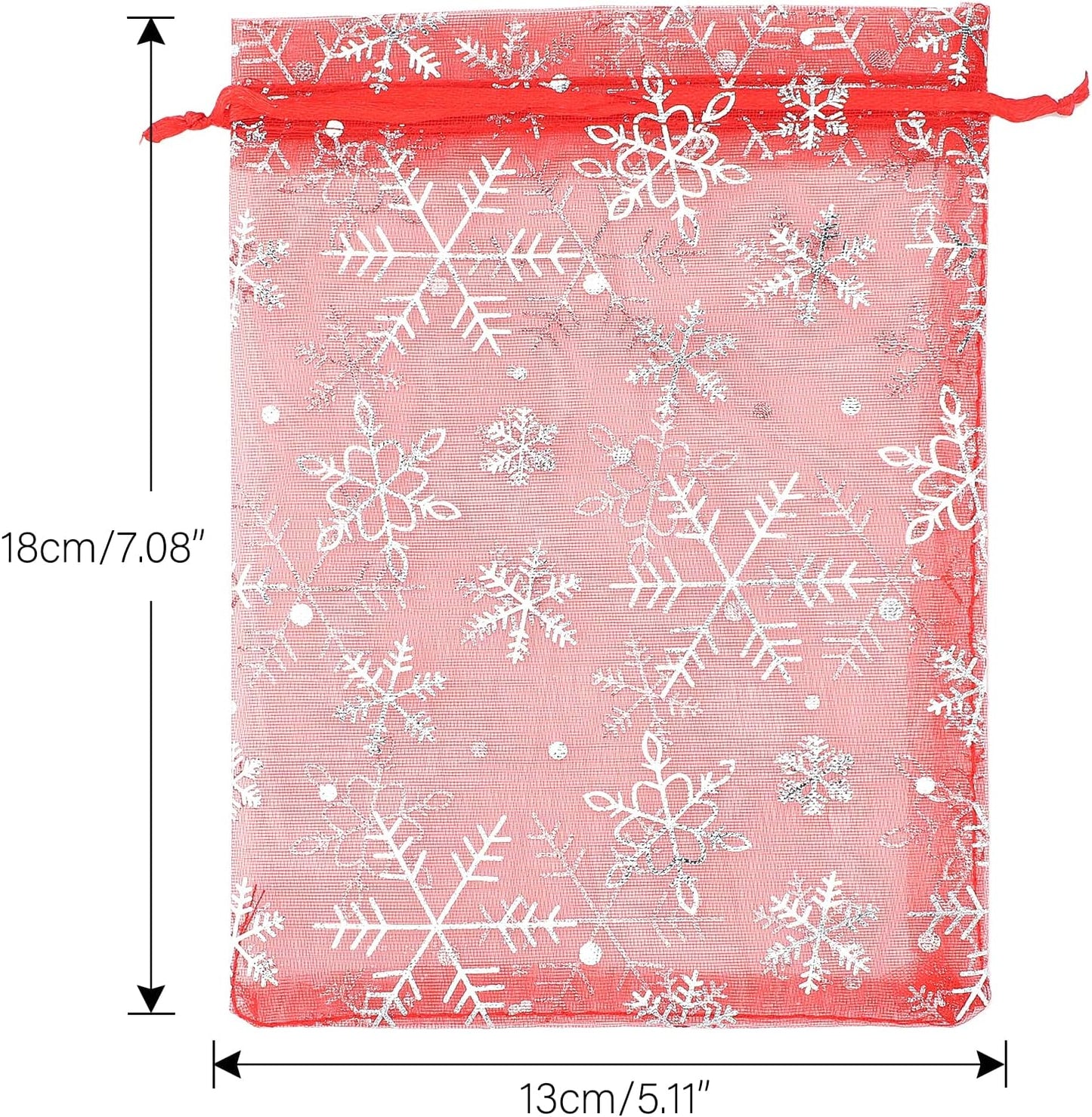 jijAcraft 5x7 Inch Christmas Organza Bags - 50Pcs Red Snowflake Gift Bags with Drawstring, Xmas Party Favor Sheer Mesh Pouches for Winter Gift, Candy, Jewelry Bag