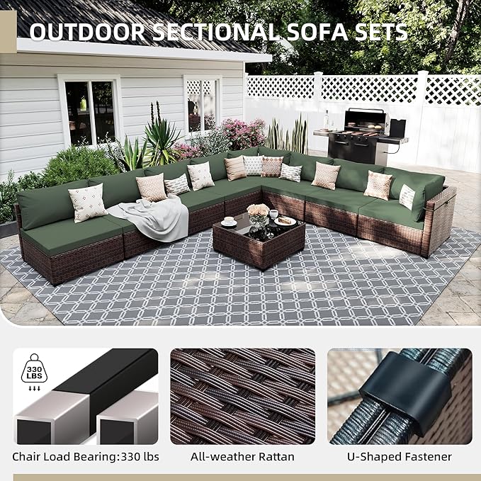 UPHA 9 Pieces Patio Furniture Sets, Wicker Outdoor Sectional Sofa Couch - Image 3