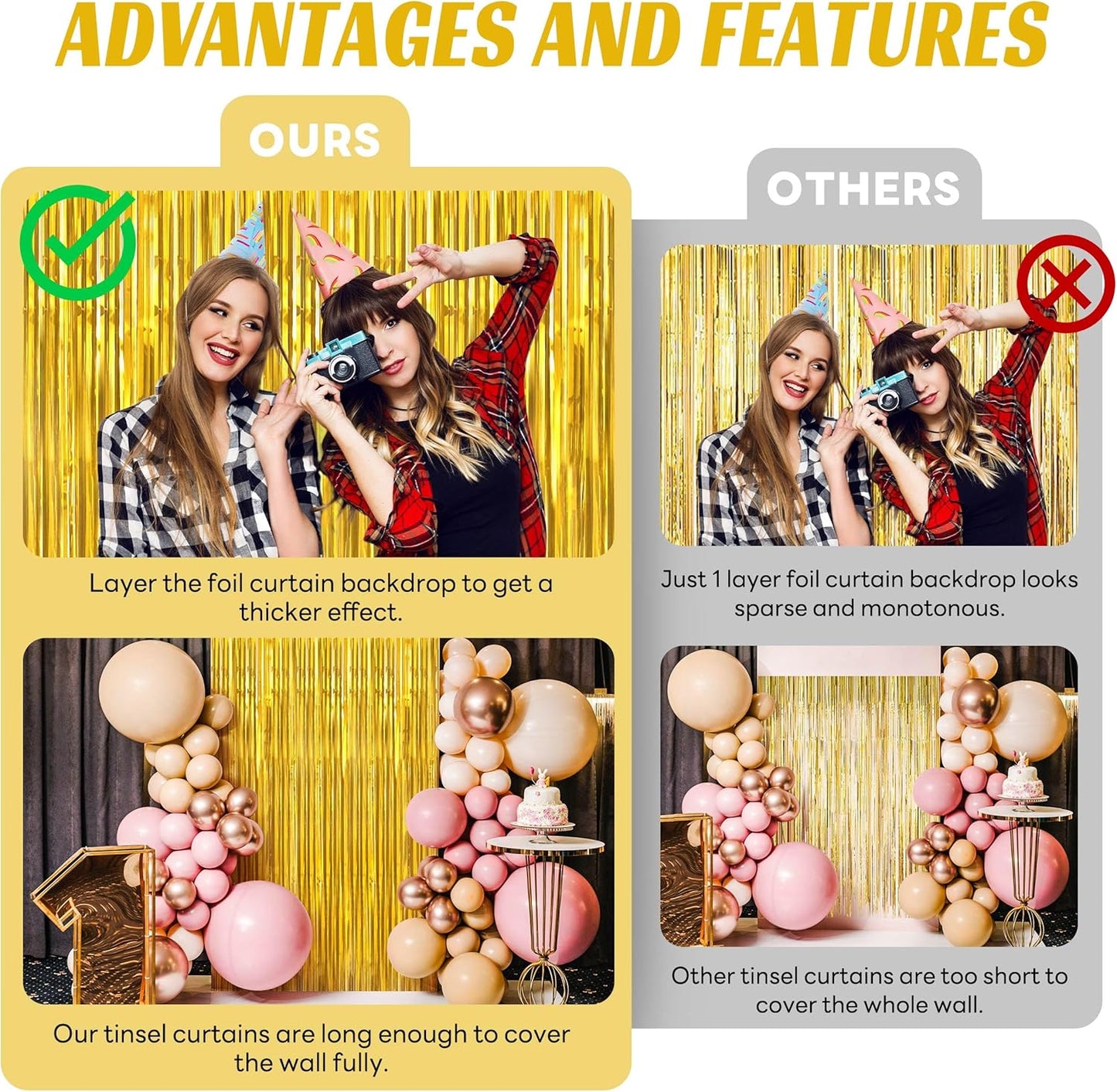 BTSD-home Gold Foil Fringe Curtain, Metallic Photo Booth Backdrop Tinsel Door Curtains for Wedding Birthday Bridal Shower Baby Shower Bachelorette Christmas Party Decorations(4 Pack, 8ft x 3ft)