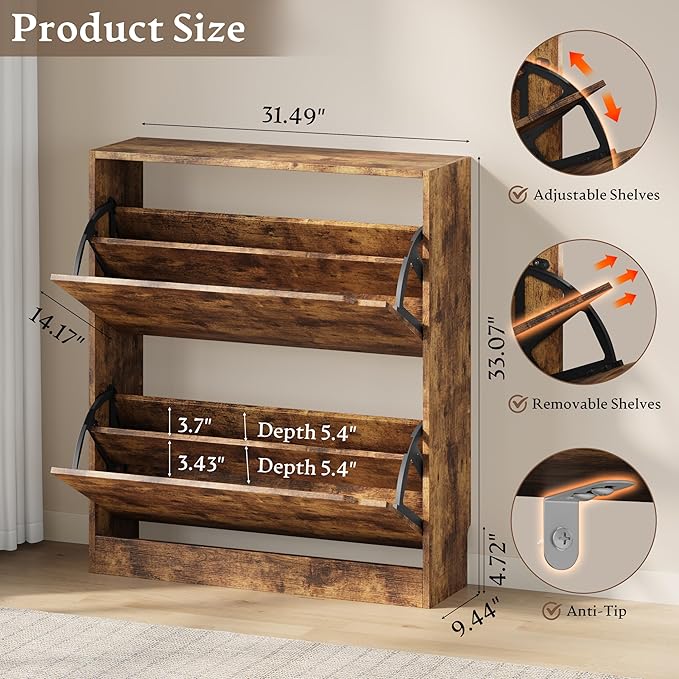 BORNOON Shoe Cabinet with 2 Flip Drawers, Slim Narrow Shoe Storage Cabinet - Image 2