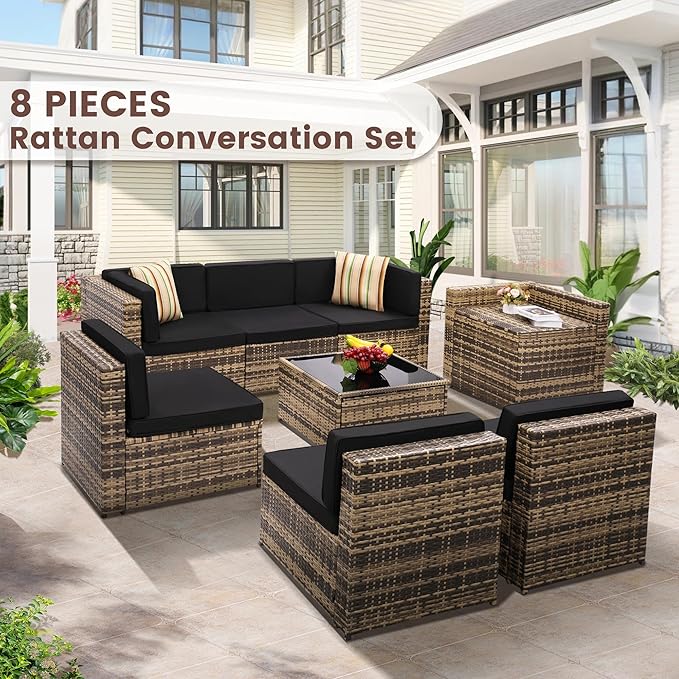 KROFEM 8-Piece Patio Furniture Set, Outdoor Wicker Rattan Sectional - Image 2