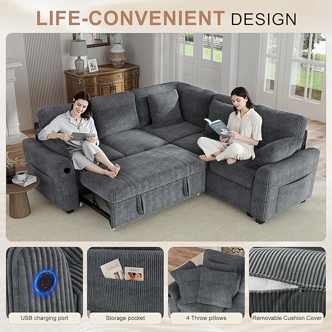Hanherry Sectional Couch with Pull Out Sofa Bed, Corduroy Sleeper Sofa with 2 - Image 6