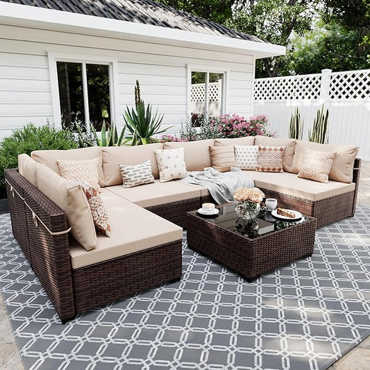 UPHA 7 Pieces Patio Furniture Sets, Wicker Outdoor Sectional Sofa Couch by UPHA