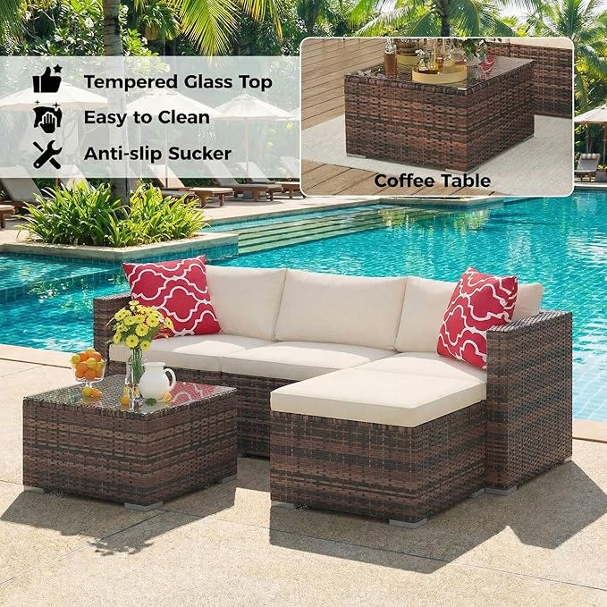 5-Piece Patio Sectional Sofa Set, All-Weather Brown PE Rattan Outdoor - Image 4