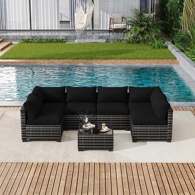 LOUVIXA 7 Piece Outdoor Patio Furniture Set, Outdoor Sectional Sofa, Wicker - Image 8