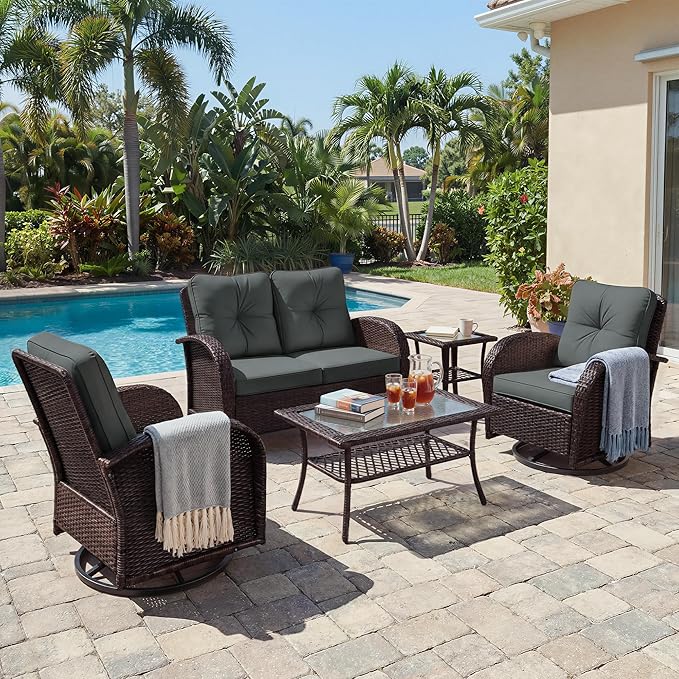 UPHA 5 Pieces Patio Furniture Sets, Wicker Outdoor Loveseat Sofa Set by UPHA