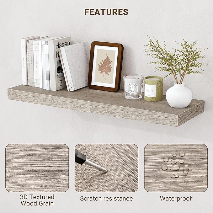 Acovy 16 Inch Floating Shelves, 3D Textured Wood Grain, Wooden Shelves - Image 5