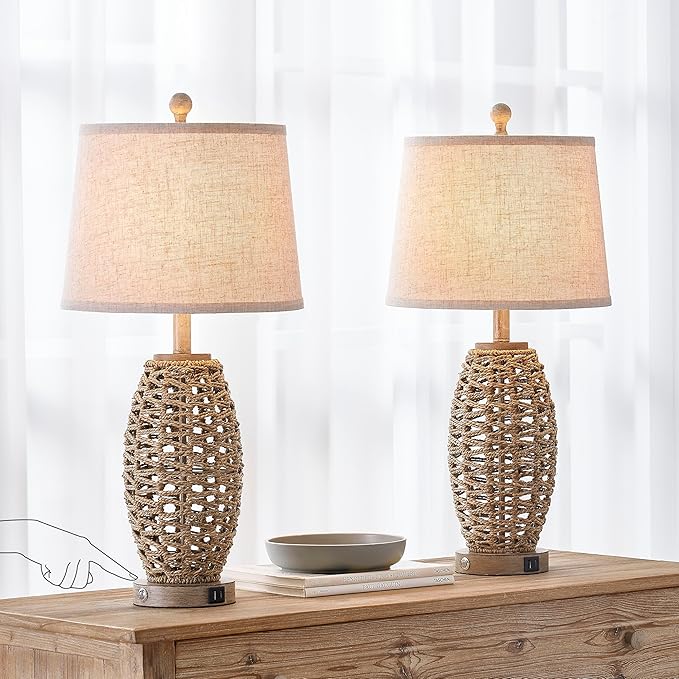 27” Natural Rattan Table Lamps Set of 2, Touch Switch, 3-Way Dimmable Bedside - Image 4