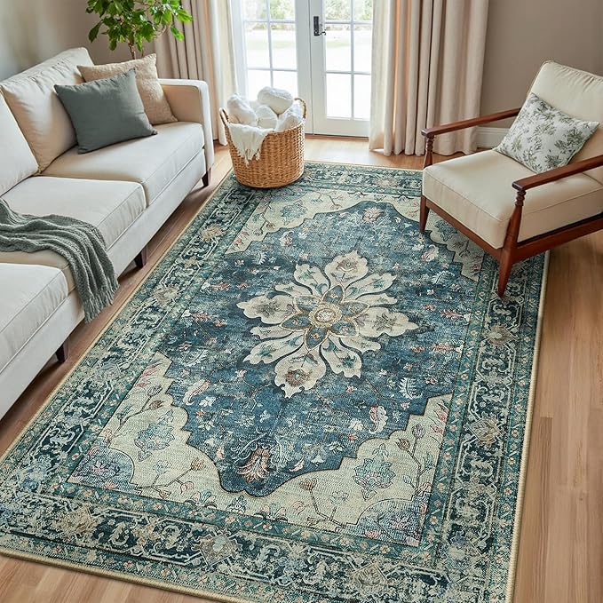 RELEANY Area Rugs 5'x8' Washable Non-Slip, Floral Vintage Distress Print by RELEANY