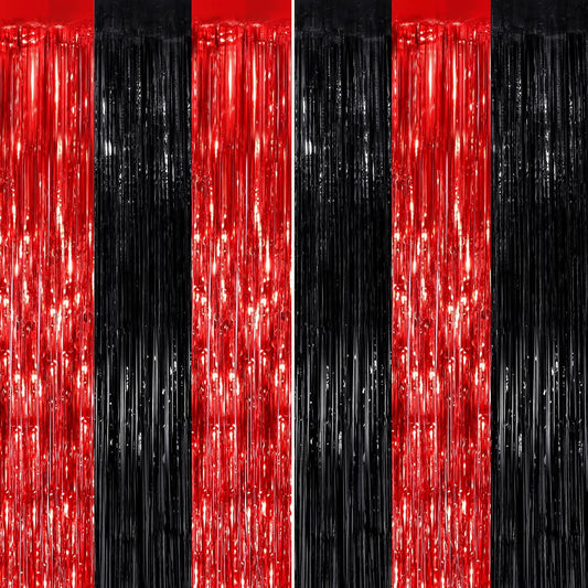 Black Red Fringe Curtain Party Streamers 2Pack 3.3 x 8.3 Ft Foil Fringe Backdrop Curtains for Birthday Wedding Bridal Baby Shower Holiday Tinsel Streamers Black Party Decorations Door Streamers