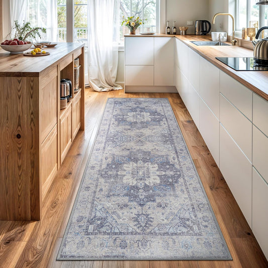 Bloom Rugs Washable Non-Slip 10 ft Runner - Blue/Sand Traditional Medallion Runner for Entryway, Hallway, Bathroom, and Kitchen - Exact Size: 2.5' x 10'