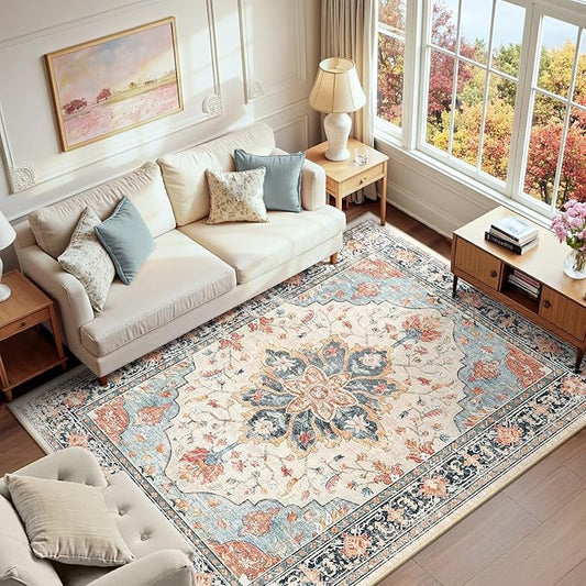 RELEANY Area Rugs 6'x9' Washable Non-Slip, Floral Vintage Distress Print by RELEANY
