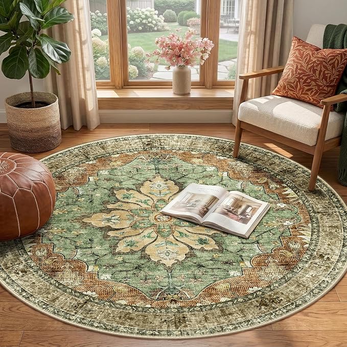 RELEANY Area Rugs Round 4ft Washable Non-Slip, Floral Vintage Distress Print - Image 2