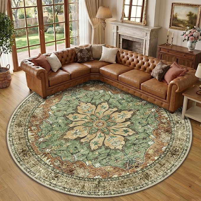 RELEANY Area Rugs Round 10ft Washable Non-Slip, Floral Vintage Distress Print by RELEANY