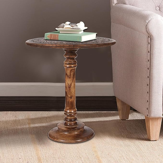 Lightnpro Hand Carved Solid Mango Wood Round Pillar Accent Table - Image 8