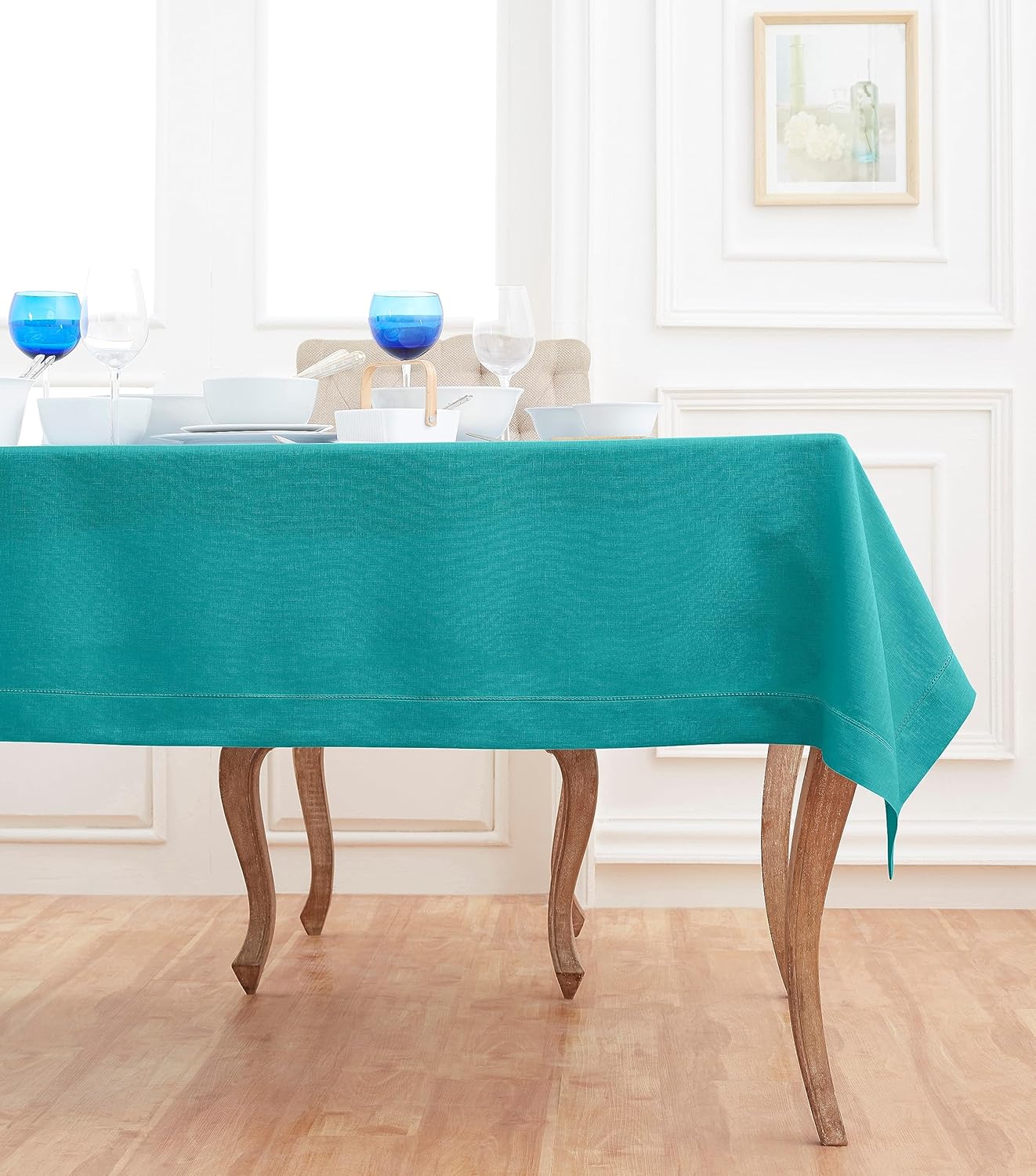 Solino Home Linen Tablecloth 60 x 90 Inch - Classic Hemstitch 100% Pure Linen Teal Table Cloth for Rectangle Tables - Machine Washable Tablecloth for Fall, Autumn, Thanksgiving, Christmas