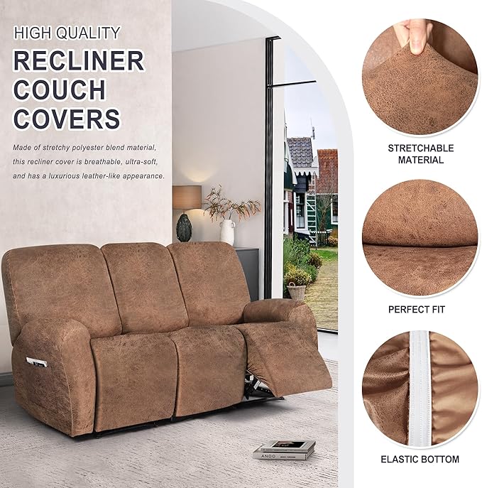 ANARACHON Leather Look Recliner Couch Cover, 8-Pieces Stretch Recliner Sofa - Image 4