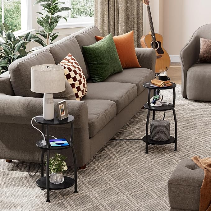Round Side Table with Power Outlet & USB Ports, 3-Tier End Table with Storage - Image 6