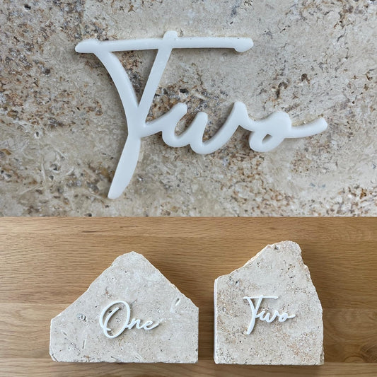 Cursive Wedding Table Number SET, DIY thin modern Black or White acrylic cutouts with silicone glue included. Words only, no backing (One - Five, Gloss White)