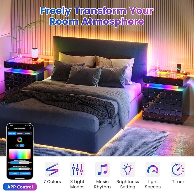Night Stand with Charging Station and Smart RGB Lights, LED Nightstand with - Image 5