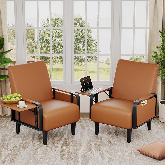 Andeworld Modern Brown Accent Chair Set of 2, PU Leather Upholstered Armchair - Image 7