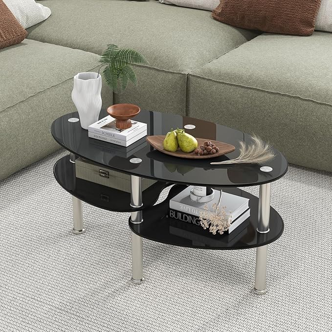 Tangkula Glass Coffee Table, 2-Tier Modern Oval Smooth Glass Tea Table End Table - Image 4