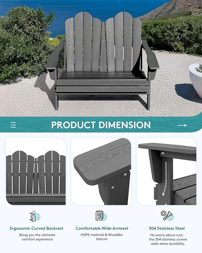SERWALL Folding Adirondack Bench, HDPE All-Weather Adirondack Loveseat Set of 2 - Image 6