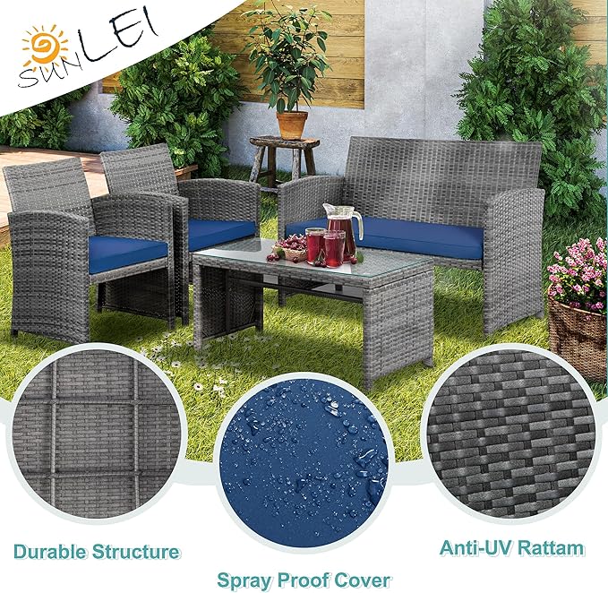 SUNLEI 4 Pcs Patio Ratten Set, Outdoor Furniture Set Wicker Conversation Set - Image 7
